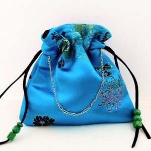 Small Drawstring Handbag, Teal With Beads/Chains